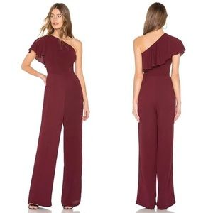 BB Dakota High Waisted Bordeaux Red 1 Shoulder Crepe Ruffle Wide Leg Jumpsuit 4